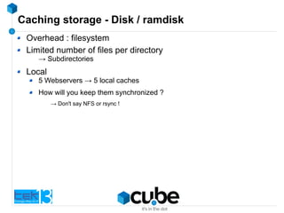 Caching storage - Disk / ramdisk
Overhead : filesystem
Limited number of files per directory
→ Subdirectories
Local
5 Webservers → 5 local caches
How will you keep them synchronized ?
→ Don't say NFS or rsync !
 