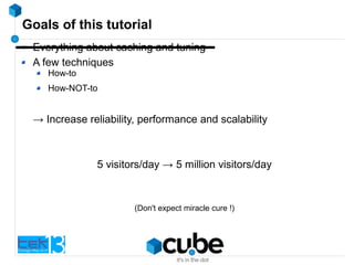 Goals of this tutorial
Everything about caching and tuning
A few techniques
How-to
How-NOT-to
→ Increase reliability, performance and scalability
5 visitors/day → 5 million visitors/day
(Don't expect miracle cure !)
 