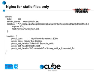 Nginx for static files only
server {
listen 80;
server_name www.domain.ext;
location ~* ^.*.(jpg|jpeg|gif|png|ico|css|zip|tgz|gz|rar|bz2|doc|xls|pdf|ppt|txt|tar|rtf|js)$ {
expires 30d;
root /home/www.domain.ext;
}
location / {
proxy_pass http://www.domain.ext:8080;
proxy_pass_header Set-Cookie;
proxy_set_header X-Real-IP $remote_addr;
proxy_set_header Host $host;
proxy_set_header X-Forwarded-For $proxy_add_x_forwarded_for;
}
}
 