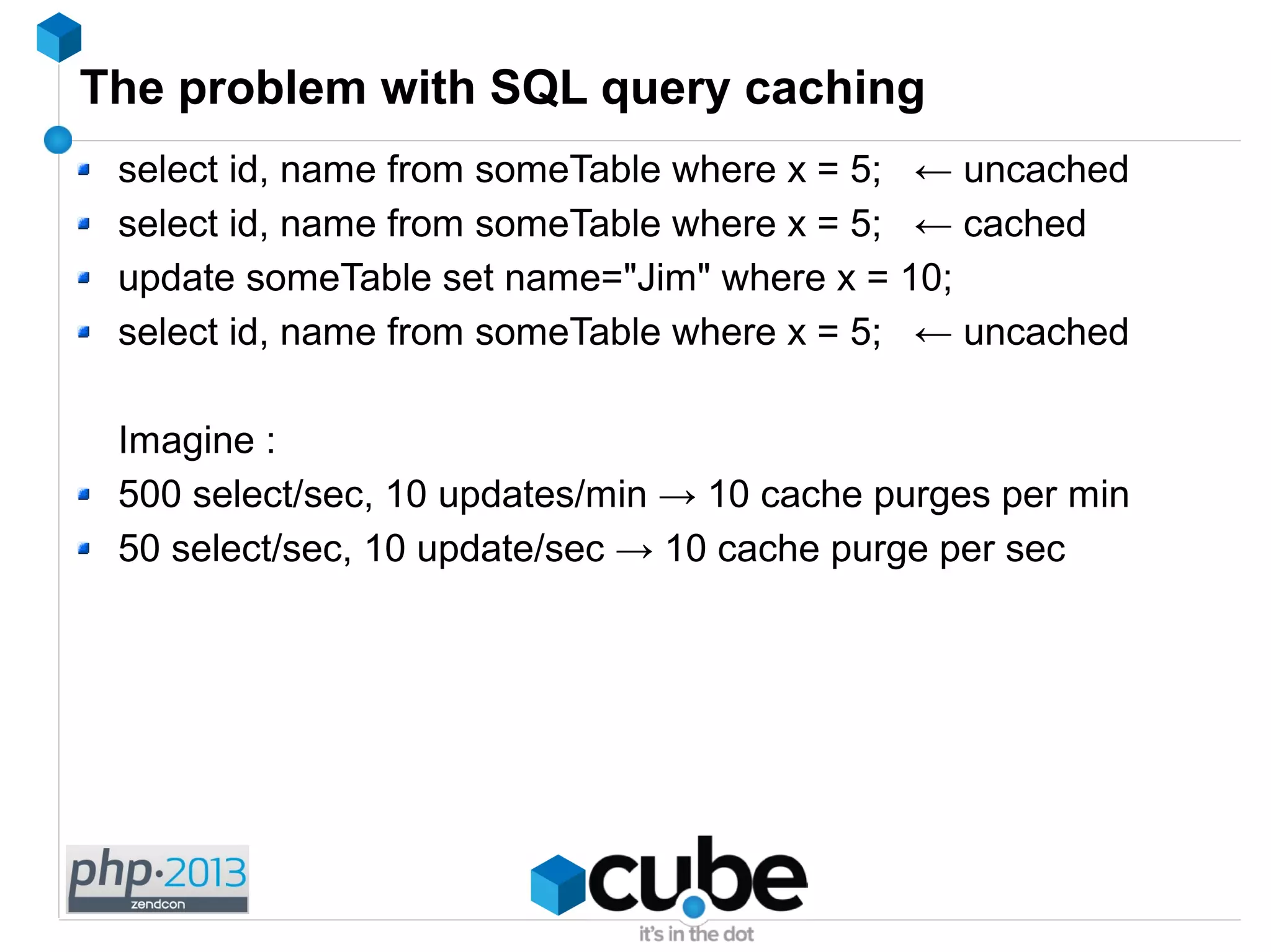 The problem with SQL query caching
select id, name from someTable where x = 5; ← uncached
select id, name from someTable where x = 5; ← cached
update someTable set name="Jim" where x = 10;
select id, name from someTable where x = 5; ← uncached
Imagine :
500 select/sec, 10 updates/min → 10 cache purges per min
50 select/sec, 10 update/sec → 10 cache purge per sec
 