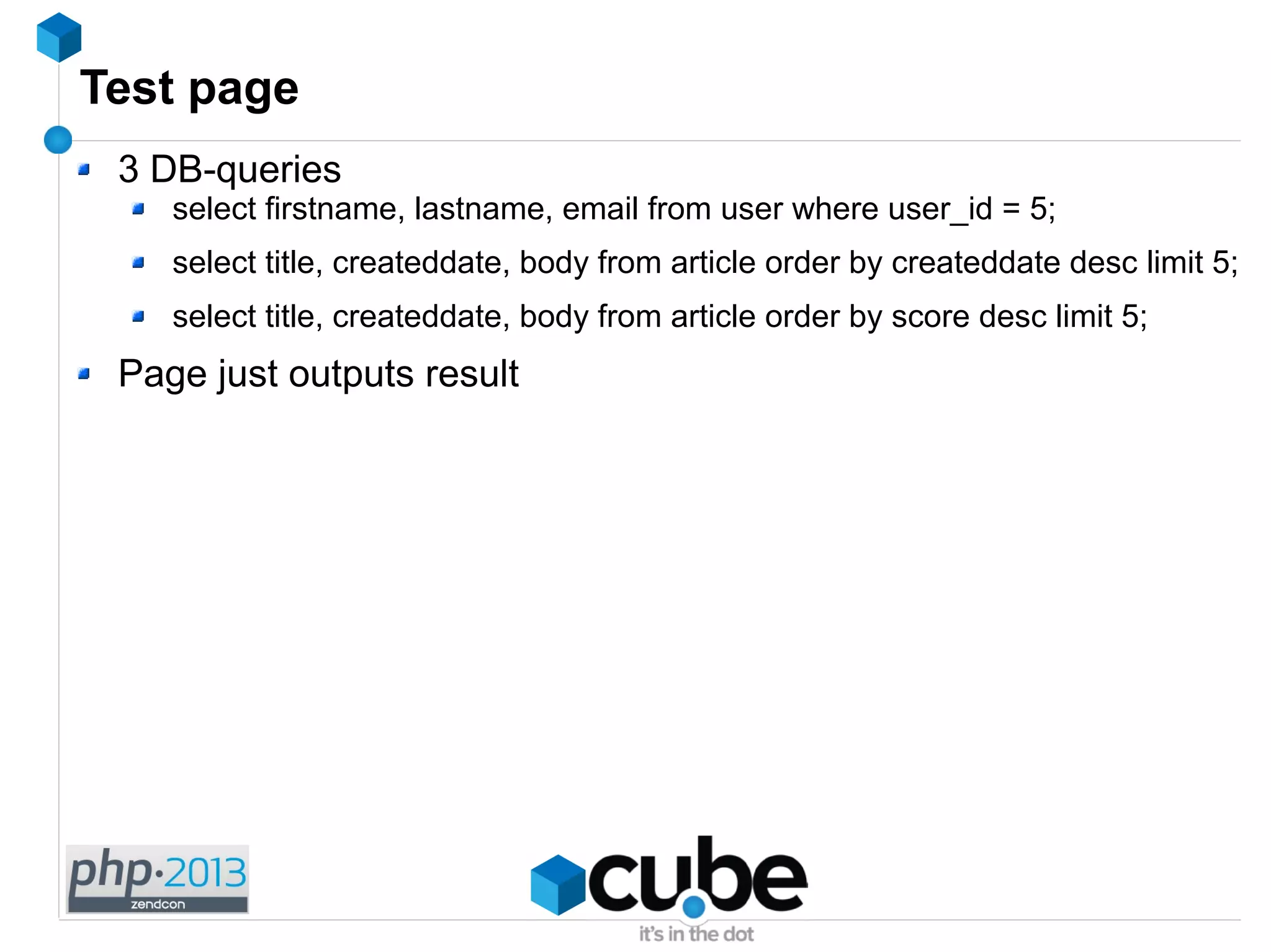 Test page
3 DB-queries
select firstname, lastname, email from user where user_id = 5;
select title, createddate, body from article order by createddate desc limit 5;
select title, createddate, body from article order by score desc limit 5;
Page just outputs result
 