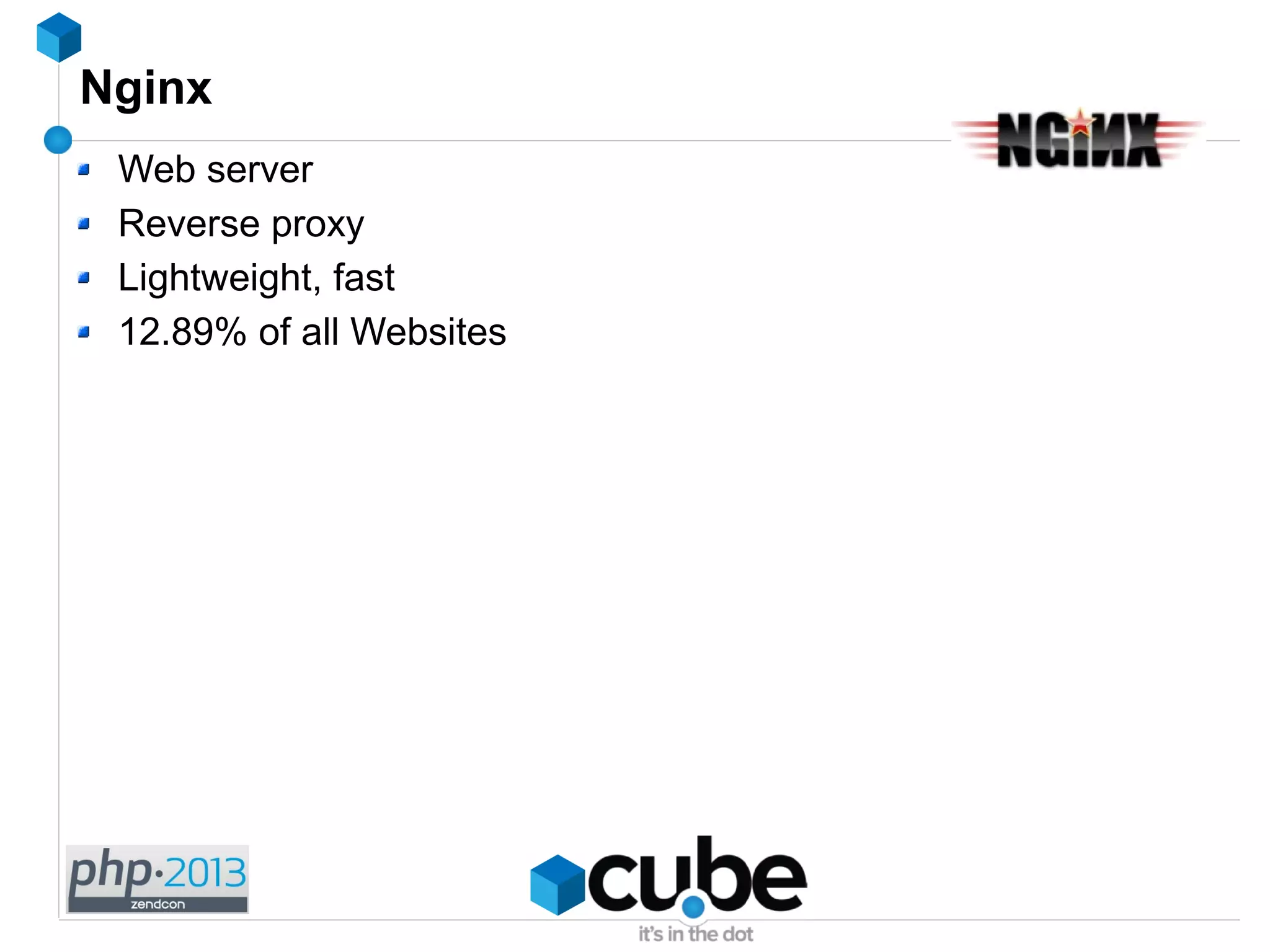 Nginx
Web server
Reverse proxy
Lightweight, fast
12.89% of all Websites
 