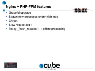 Nginx + PHP-FPM features 
Graceful upgrade 
Spawn new processes under high load 
Chroot 
Slow request log ! 
fastcgi_finish_request() → offline processing 
 