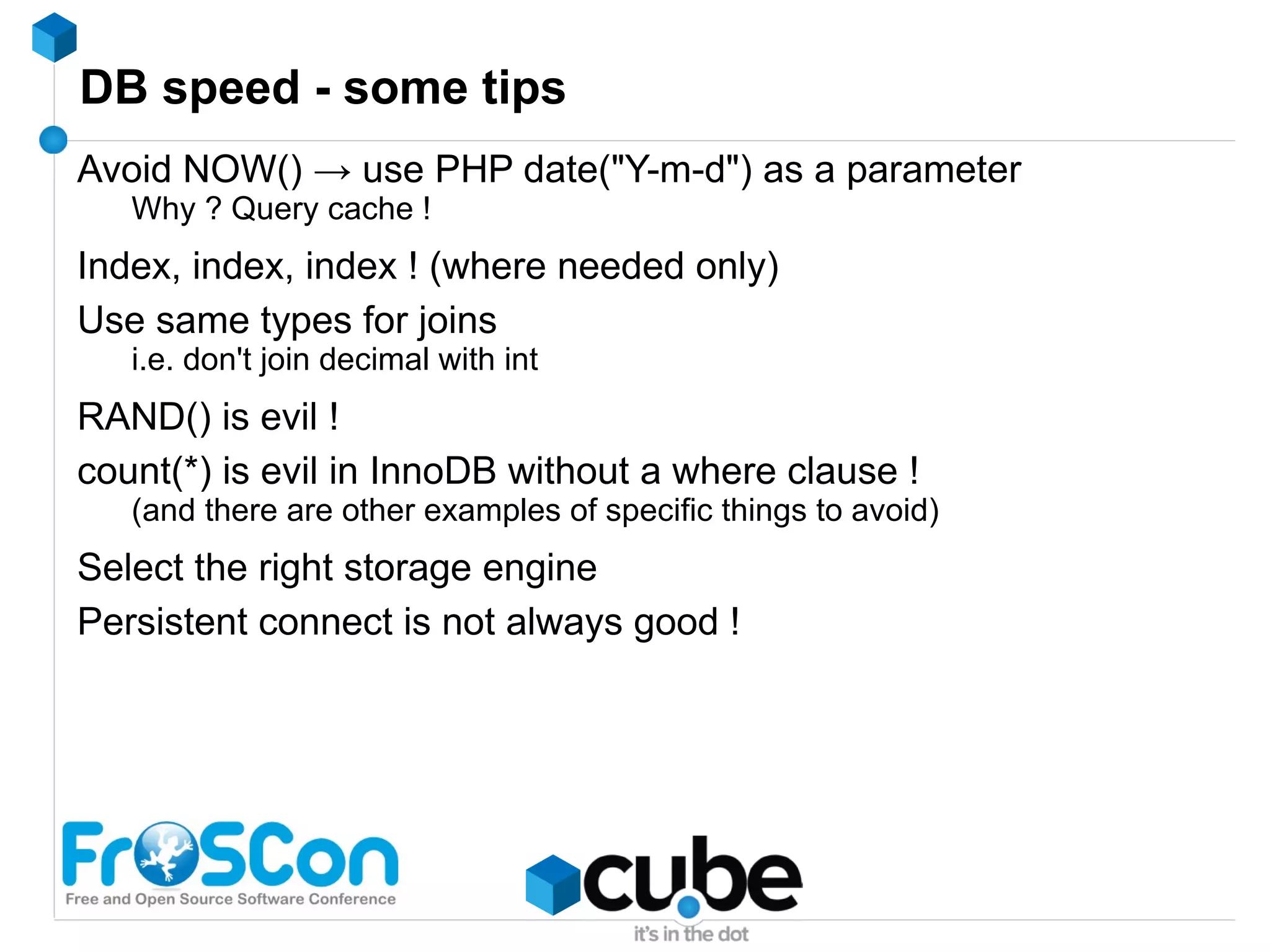 Memcache in code <?php $memcache =  new  Memcache(); $memcache->addServer( '172.16.0.1' , 11211); $memcache->addServer( '172.16.0.2' , 11211); $myData = $memcache->get( 'myKey' ); if  ($myData ===  false ) { $myData = GetMyDataFromDB(); // Put it in Memcache as 'myKey', without compression, with no expiration $memcache->set( 'myKey' , $myData,  false , 0); } echo  $myData; 