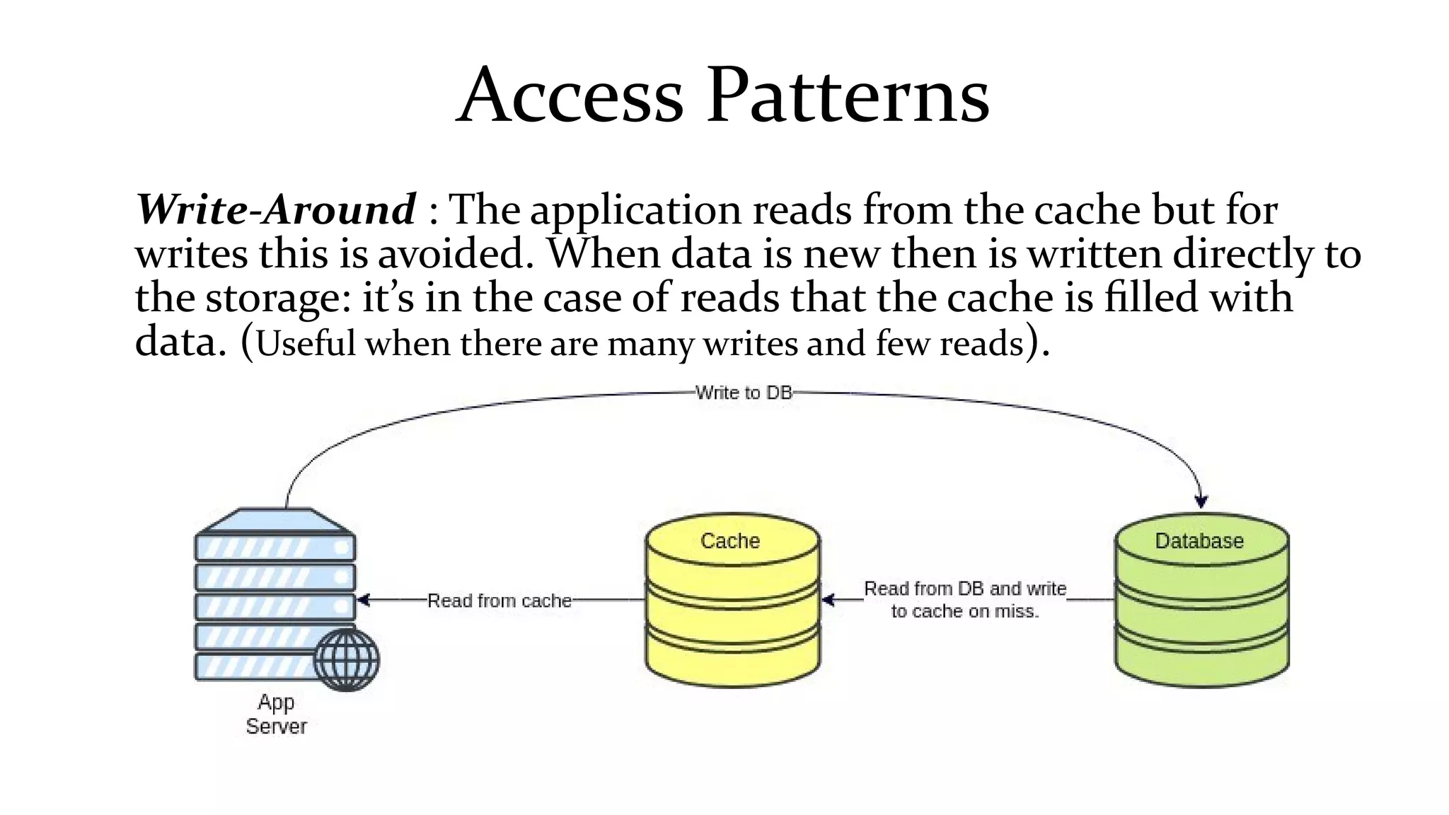 Access Patterns
Write-Around : The application reads from the cache but for
writes this is avoided. When data is new then is written directly to
the storage: it’s in the case of reads that the cache is filled with
data. (Useful when there are many writes and few reads).
 