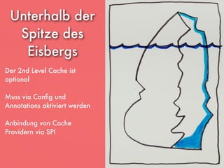  
Unterhalb der 
Spitze des  
Eisbergs
Der 2nd Level Cache ist
optional
Muss via Conﬁg und
Annotations aktiviert werden
Anbindung von Cache
Providern via SPI
 