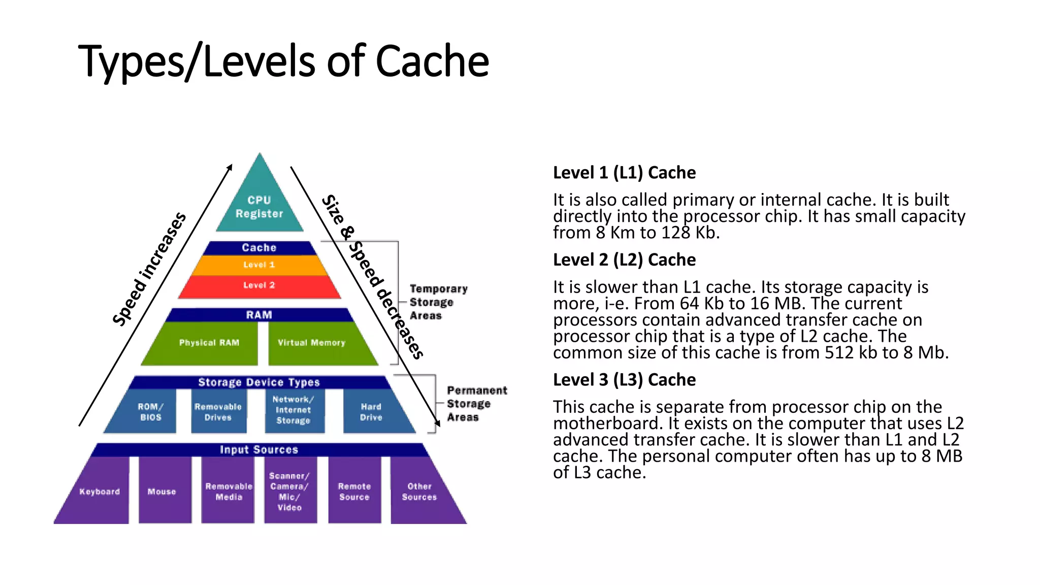 Types/Levels of Cache
Level 1 (L1) Cache
It is also called primary or internal cache. It is built
directly into the processor chip. It has small capacity
from 8 Km to 128 Kb.
Level 2 (L2) Cache
It is slower than L1 cache. Its storage capacity is
more, i-e. From 64 Kb to 16 MB. The current
processors contain advanced transfer cache on
processor chip that is a type of L2 cache. The
common size of this cache is from 512 kb to 8 Mb.
Level 3 (L3) Cache
This cache is separate from processor chip on the
motherboard. It exists on the computer that uses L2
advanced transfer cache. It is slower than L1 and L2
cache. The personal computer often has up to 8 MB
of L3 cache.
 