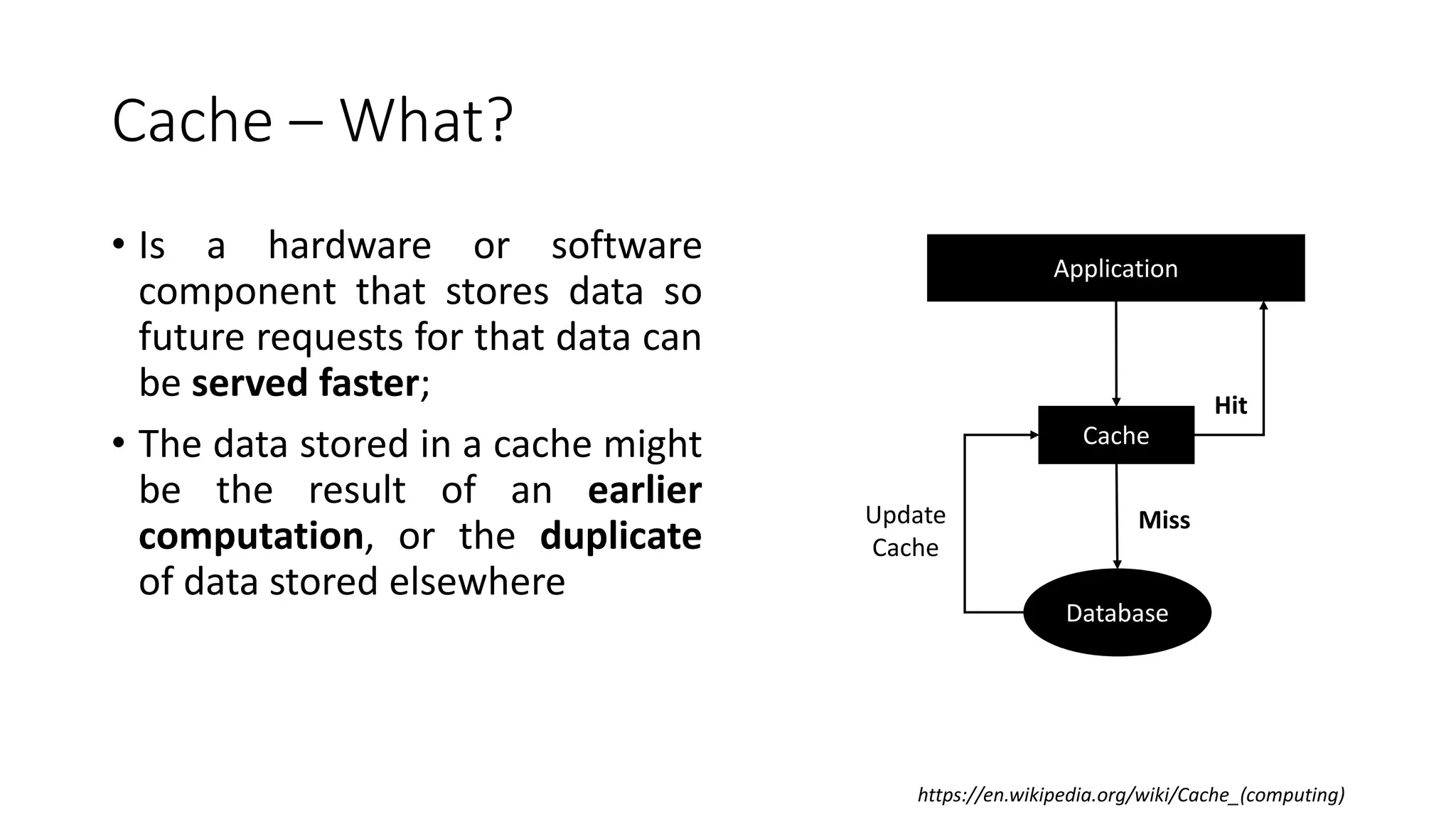 Cache – What?
• Is a hardware or software
component that stores data so
future requests for that data can
be served faster;
• The data stored in a cache might
be the result of an earlier
computation, or the duplicate
of data stored elsewhere
https://en.wikipedia.org/wiki/Cache_(computing)
Application
Cache
Database
Hit
MissUpdate
Cache
 