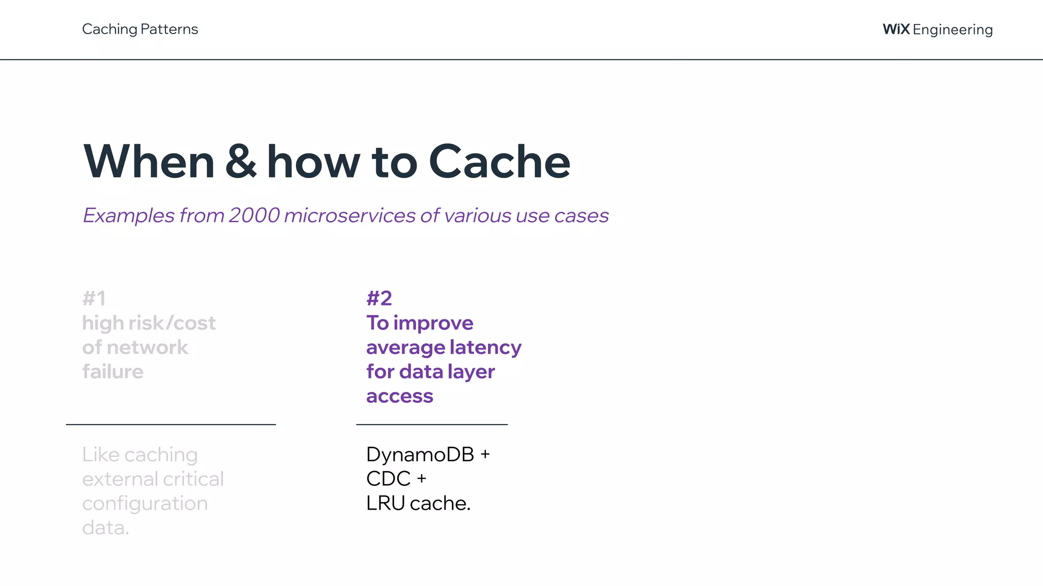 @NSilnitsky
When & how to Cache
Examples from 2000 microservices of various use cases
Caching Patterns
#1
high risk/cost
of network
failure
Like caching
external critical
configuration
data.
#2
To improve
average latency
for data layer
access
DynamoDB +
CDC +
LRU cache.
 