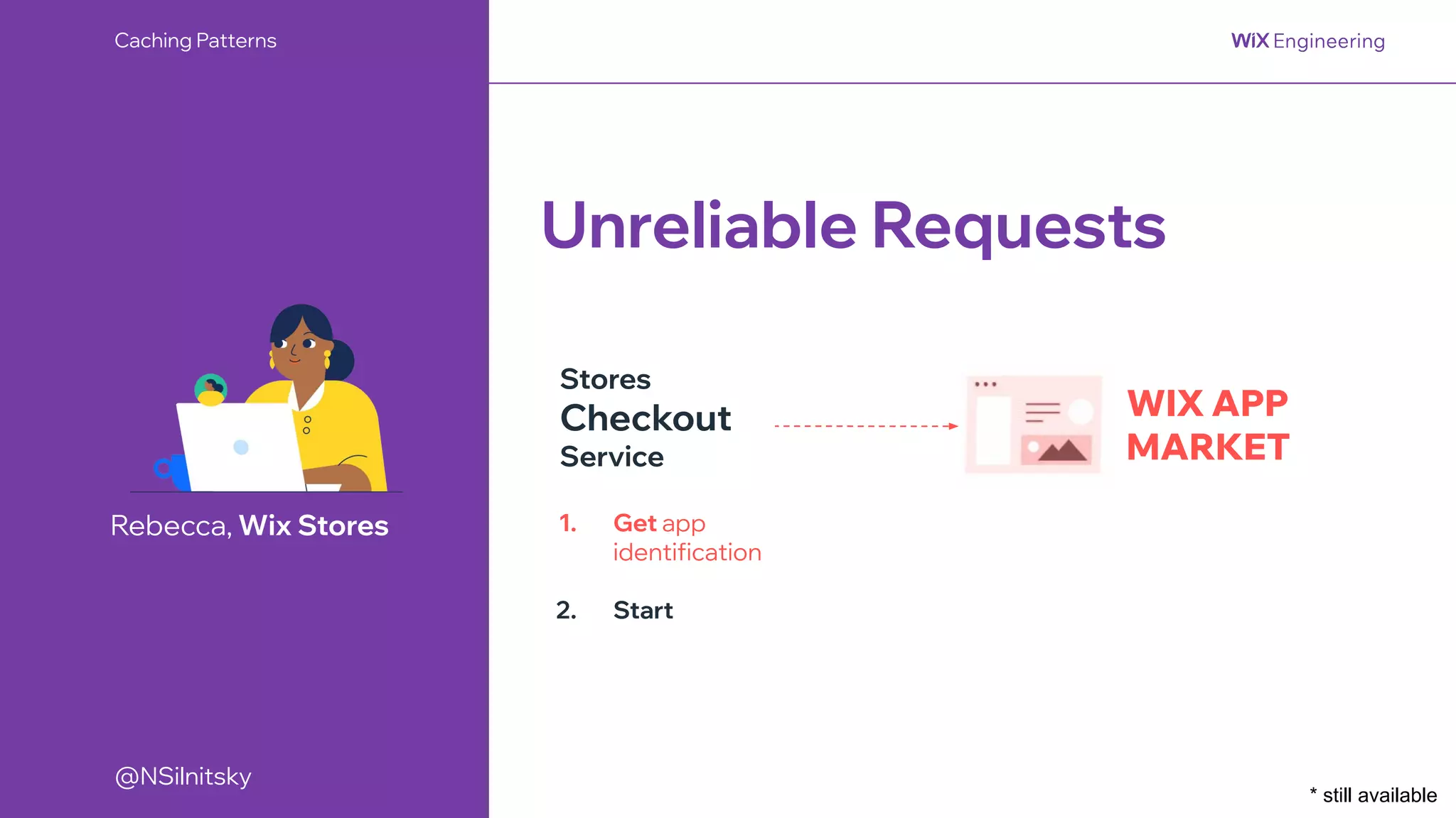 @NSilnitsky
@NSilnitsky
Caching Patterns
WIX APP
MARKET
Rebecca, Wix Stores 1. Get app
identification
2. Start
Stores
Checkout
Service
Unreliable Requests
* still available
 