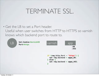 TERMINATE SSL.

    • Get   the LB to set a Port header.
        Useful when user switches from HTTP to HTTPS so varnish
        knows which backend port to route to.

                LB       Set-Cookie=VarnishID
                         Port=https
                                                varnish            app
                                                                       :80
                                                                       :443


                                                if (req.http.Port ~ "https") {
                                                  set req.backend = appa_80;
                                                } else {
                                                  set req.backend = appa_443;
                                                }




Tuesday, 25 October 11
 