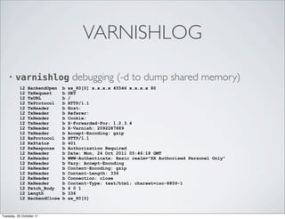 VARNISHLOG

    •   varnishlog debugging (-d to dump shared memory)
          12   BackendOpen    b   xx_80[0] x.x.x.x 45546 x.x.x.x 80
          12   TxRequest      b   GET
          12   TxURL          b   /
          12   TxProtocol     b   HTTP/1.1
          12   TxHeader       b   Host:
          12   TxHeader       b   Referer:
          12   TxHeader       b   Cookie:
          12   TxHeader       b   X-Forwarded-For: 1.2.3.4
          12   TxHeader       b   X-Varnish: 2092287889
          12   TxHeader       b   Accept-Encoding: gzip
          12   RxProtocol     b   HTTP/1.1
          12   RxStatus       b   401
          12   RxResponse     b   Authorization Required
          12   RxHeader       b   Date: Mon, 24 Oct 2011 05:46:18 GMT
          12   RxHeader       b   WWW-Authenticate: Basic realm="XX Authorised Personel Only"
          12   RxHeader       b   Vary: Accept-Encoding
          12   RxHeader       b   Content-Encoding: gzip
          12   RxHeader       b   Content-Length: 336
          12   RxHeader       b   Connection: close
          12   RxHeader       b   Content-Type: text/html; charset=iso-8859-1
          12   Fetch_Body     b   4 0 1
          12   Length         b   336
          12   BackendClose   b   xx_80[0]


Tuesday, 25 October 11
 