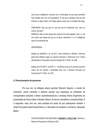 2512




                     mas foi pra Inteligência, inclusive com a informação de que essa secretária
                     hoje trabalha com ele na Corregedoria. Aí ele quer investigar onde tá esse
                     dinheiro ou algum lastro, né? Pegar alguma coisa, que na verdade não pega.
                     ...
                     CARLINHOS: Que dia que foi, que dia que foi instaurado isso, mais ou
                     menos, ele falou?
                     MARCELO: Não é coisa antiga não, porque já foi nessa gestão, mas o, o, ele
                     me contou isso aquele dia que eu te liguei, sexta-feira. É, aí a Inteligência
                     deve tá monitorando ele.
                     ...
                     (ENCERRADA)


                     Diálogo de 29/06/2011, às 10:16:21, entre Carlinhos e Wladmir. Carlinhos
                     pede para Wladmir pegar um parecer favorável a Edemundo com o Bicca
                     (Ronald Bicca, Procurador–Geral do Estado) (IP nº 3430 - fls. 948).


                     Diálogo de 01/07/2011, às 08:01:11 = Carlinhos diz que da conversa que teve
                     ontem ele iria mandar o Aristóteles falar com o Marcelo (Processo do
                     Edmundo) (IP nº 3430 - fls. 977).


6. Direcionamento de pareceres


          Por sua vez, os diálogos abaixo apontam Marcelo Siqueira, a mando de
Cachoeira, sendo orientado a elaborar parecer que prejudique os interesses da
transportadora Gabardo e Daher (subentendendo-se a empresa Warre Engenharia de
propriedade de Paulo Daher e Ricardo Daher), de forma a beneficiar a empresa Delta. E
a negociata, mais uma vez, será acertada em jantar de que participaram também o
então Procurador-Geral Ronald Bicca e o Secretário de Indústria e Comércio, Alexandre
Baldyr.


                     316010027445095 316010027448815 30/03/2011 11:59:37 AM- Carlinhos x
                     Marcelo (Procurador do Estado do GO).
 