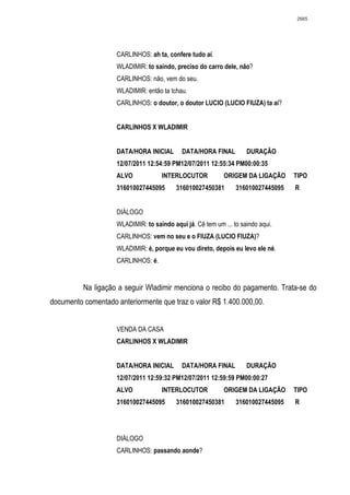 2665




                    CARLINHOS: ah ta, confere tudo aí.
                    WLADIMIR: to saindo, preciso do carro dele, não?
                    CARLINHOS: não, vem do seu.
                    WLADIMIR: então ta tchau.
                    CARLINHOS: o doutor, o doutor LUCIO (LUCIO FIUZA) ta aí?


                    CARLINHOS X WLADIMIR


                    DATA/HORA INICIAL       DATA/HORA FINAL         DURAÇÃO
                    12/07/2011 12:54:59 PM12/07/2011 12:55:34 PM00:00:35
                    ALVO            INTERLOCUTOR            ORIGEM DA LIGAÇÃO     TIPO
                    316010027445095       316010027450381       316010027445095   R


                    DIÁLOGO
                    WLADIMIR: to saindo aqui já. Cê tem um ... to saindo aqui.
                    CARLINHOS: vem no seu e o FIUZA (LUCIO FIUZA)?
                    WLADIMIR: é, porque eu vou direto, depois eu levo ele né.
                    CARLINHOS: é.


          Na ligação a seguir Wladimir menciona o recibo do pagamento. Trata-se do
documento comentado anteriormente que traz o valor R$ 1.400.000,00.


                    VENDA DA CASA
                    CARLINHOS X WLADIMIR


                    DATA/HORA INICIAL       DATA/HORA FINAL         DURAÇÃO
                    12/07/2011 12:59:32 PM12/07/2011 12:59:59 PM00:00:27
                    ALVO            INTERLOCUTOR            ORIGEM DA LIGAÇÃO     TIPO
                    316010027445095       316010027450381       316010027445095   R




                    DIÁLOGO
                    CARLINHOS: passando aonde?
 