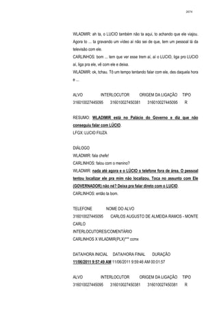 2674




WLADMIR: ah ta, o LUCIO também não ta aqui, to achando que ele viajou.
Agora to ... ta gravando um vídeo aí não sei de que, tem um pessoal lá da
televisão com ele.
CARLINHOS: bom ... tem que ver esse trem aí, aí o LUCIO, liga pro LUCIO
aí, liga pra ele, vê com ele e deixa.
WLADMIR: ok, tchau. Tô um tempo tentando falar com ele, des daquela hora
e ...


ALVO              INTERLOCUTOR          ORIGEM DA LIGAÇÃO      TIPO
316010027445095         316010027450381     316010027445095      R


RESUMO: WLADIMIR está no Palácio do Governo e diz que não
conseguiu falar com LÚCIO.
LFGX: LUCIO FIUZA


DIÁLOGO
WLADMIR: fala chefe!
CARLINHOS: falou com o menino?
WLADMIR: nada até agora e o LÚCIO o telefone fora de área. O pessoal
tentou localizar ele pra mim não localizou. Toca no assunto com Ele
(GOVERNADOR) não né? Deixa pra falar direto com o LUCIO.
CARLINHOS: então ta bom.


TELEFONE             NOME DO ALVO
316010027445095         CARLOS AUGUSTO DE ALMEIDA RAMOS - MONTE
CARLO
INTERLOCUTORES/COMENTÁRIO
CARLINHOS X WLADMIR(PLX)*** ccmx


DATA/HORA INICIAL         DATA/HORA FINAL     DURAÇÃO
11/06/2011 9:57:49 AM 11/06/2011 9:59:46 AM 00:01:57


ALVO              INTERLOCUTOR          ORIGEM DA LIGAÇÃO      TIPO
316010027445095         316010027450381     316010027450381      R
 