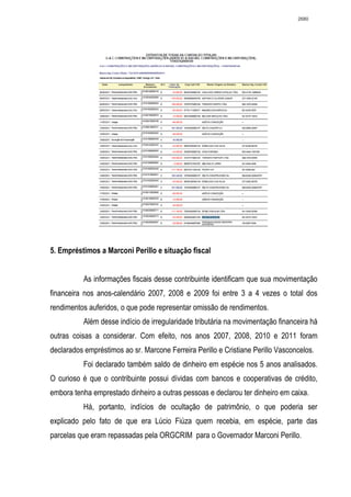 2680




5. Empréstimos a Marconi Perillo e situação fiscal


           As informações fiscais desse contribuinte identificam que sua movimentação
financeira nos anos-calendário 2007, 2008 e 2009 foi entre 3 a 4 vezes o total dos
rendimentos auferidos, o que pode representar omissão de rendimentos.
           Além desse indício de irregularidade tributária na movimentação financeira há
outras coisas a considerar. Com efeito, nos anos 2007, 2008, 2010 e 2011 foram
declarados empréstimos ao sr. Marcone Ferreira Perillo e Cristiane Perillo Vasconcelos.
           Foi declarado também saldo de dinheiro em espécie nos 5 anos analisados.
O curioso é que o contribuinte possui dívidas com bancos e cooperativas de crédito,
embora tenha emprestado dinheiro a outras pessoas e declarou ter dinheiro em caixa.
           Há, portanto, indícios de ocultação de patrimônio, o que poderia ser
explicado pelo fato de que era Lúcio Fiúza quem recebia, em espécie, parte das
parcelas que eram repassadas pela ORGCRIM para o Governador Marconi Perillo.
 