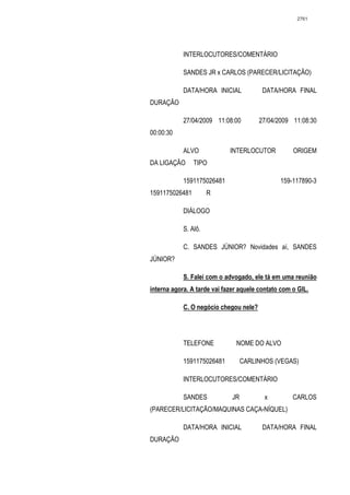 2761




            INTERLOCUTORES/COMENTÁRIO

            SANDES JR x CARLOS (PARECER/LICITAÇÃO)

            DATA/HORA INICIAL            DATA/HORA FINAL
DURAÇÃO

            27/04/2009 11:08:00         27/04/2009 11:08:30
00:00:30

            ALVO             INTERLOCUTOR           ORIGEM
DA LIGAÇÃO      TIPO

            1591175026481                      159-117890-3
1591175026481         R

            DIÁLOGO

            S. Alô.

            C. SANDES JÚNIOR? Novidades aí, SANDES
JÚNIOR?

            S. Falei com o advogado, ele tá em uma reunião
interna agora. A tarde vai fazer aquele contato com o GIL.

            C. O negócio chegou nele?




            TELEFONE           NOME DO ALVO

            1591175026481          CARLINHOS (VEGAS)

            INTERLOCUTORES/COMENTÁRIO

            SANDES            JR          x         CARLOS
(PARECER/LICITAÇÃO/MAQUINAS CAÇA-NÍQUEL)

            DATA/HORA INICIAL            DATA/HORA FINAL
DURAÇÃO
 