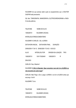 2779




WLADIMIR diz que precisa saber quais os equipamentos que o DOUTOR
GASPAR está precisando.

GIL fala: TOMOGRAFIA, MAMOGRAFIA, ELETROCARDIAGRAMA e RAIO-
X de alta potência.




TELEFONE              NOME DO ALVO

1595208731            WLADIMIR (VEGAS)

INTERLOCUTORES/COMENTÁRIO

WLADIMIR X CARLOS - GIL e LEREIA

DATA/HORA INICIAL        DATA/HORA FINAL      DURAÇÃO

29/06/2009 17:34:10 29/06/2009 17:34:33 00:00:23

ALVO                INTERLOCUTOR         ORIGEM DA LIGAÇÃO   TIPO

1595208731            1591175026481      1595208731     R

DIÁLOGO

CARLOS: Fala, Wladimir!

WLADIMIR: O GIL tá liberado. Quer encontrar com ele lá no ALDEIA ou
nós encontra em outro lugar?

CARLOS: Não! Pega o GIL e pega o LEREIA e vai lá no ALDEIA antes que
escureça. Vai lá!

WLADIMIR: Tá ok.




TELEFONE              NOME DO ALVO

1595208731            WLADIMIR (VEGAS)

INTERLOCUTORES/COMENTÁRIO
 