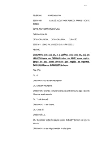 2793




TELEFONE               NOME DO ALVO

6293391661              CARLOS AUGUSTO DE ALMEIDA RAMOS - MONTE
CARLO

INTERLOCUTORES/COMENTÁRIO

CARLINHOS X GIL

DATA/HORA INICIAL        DATA/HORA FINAL     DURAÇÃO

25/05/2011 2:54:42 PM 25/05/2011 2:55:14 PM 00:00:32

RESUMO

CARLINHOS pede para GIL ir a GOIÂNIA tomar uma. GIL está em
NERÓPOLIS pede para CARLINHOS olhar com BALDY aquele negócio,
porque ele está sendo arrochado pelo negócio do frigorífico.
CARLINHOS fala que ALEXANDRE já chegou.

DIÁLOGO

GIL: Oi

CARLINHOS: GIL ta aí em Neurópolis?

GIL: Estou em Neuropolis.

CARLINHOS: Oh então vem pra Goiania pra gente toma uma aqui e a gente
fala sobre aquele assunto.

GIL: Ta, cê tá onde?

CARLINHOS: To em Goiania.

GIL: Chego já?

CARLINHOS: Já.

GIL: O professor podia olha aquele negocio do BALDY tambem pra nóis. Eu
toto com

CARLINHOS: Ah ele chegou também vo olha agora
 