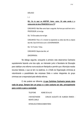 2795




                      DIÁLOGO

                      (...)

                      GIL: Eu to aqui na AGETOP. Vamo, vamo. Cê sabe aonde é o
                      restaurante da dona FRANCISCA la no 72?

                      CARLINHOS: Não! Mas vamo fazer o seguinte. Na hora que você tiver com o
                      PROFESSOR, cê me liga.

                      GIL: Ta! Ele acabou de me ligar.

                      CARLINHOS: Pois é. E o homem ta esperando ou antes das três ou depois
                      das três. Que 03:00 ele ta com o GOVERNANDOR.

                      GIL: Ta! Ta bom. Tchau.

                      CARLINHOS: Depois das três, ne!

                      (ENCERRADA)

             No diálogo seguinte, conquanto à primeira vista observemos Cachoeira
supostamente fazendo uma boa ação, ao interceder junto à Secretaria de Educação
para viabilizar uma reforma numa escola em Nerópolis e permitir que o Município receba
recursos federais, o que se tem na essência, é o Chefe da Organização criminosa já
vislumbrando a possibilidade das empresas Delta e outras integrantes do grupo
criminoso ser a responsável pela referida reforma.

             E não poderia ser diferente, já que Carlinhos Cachoeira jamais daria
nada de graça. Sempre tem um preço e o valor costuma ser alto, principalmente
para o erário e para a sociedade.

                        TELEFONE            NOME DO ALVO

                        316010027445095           CARLOS AUGUSTO DE ALMEIDA RAMOS -
                        MONTE CARLO

                        INTERLOCUTORES/COMENTÁRIO
 