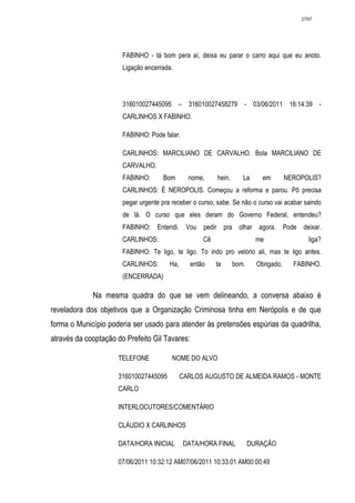 2797




                       FABINHO - tá bom pera aí, deixa eu parar o carro aqui que eu anoto.
                       Ligação encerrada.




                       316010027445095 – 316010027458279 - 03/06/2011 16:14:39 -
                       CARLINHOS X FABINHO.

                       FABINHO: Pode falar.

                       CARLINHOS: MARCILIANO DE CARVALHO. Bola MARCILIANO DE
                       CARVALHO.
                       FABINHO:      Bom        nome,     hein.      La      em        NEROPOLIS?
                       CARLINHOS: É NEROPOLIS. Começou a reforma e parou. Pô precisa
                       pegar urgente pra receber o curso, sabe. Se não o curso vai acabar saindo
                       de lá. O curso que eles deram do Governo Federal, entendeu?
                       FABINHO: Entendi. Vou pedir pra olhar agora. Pode deixar.
                       CARLINHOS:                    Cê                    me                liga?
                       FABINHO: Te ligo, te ligo. To indo pro velório ali, mas te ligo antes.
                       CARLINHOS:       Ha,      então    ta      bom.     Obrigado,     FABINHO.
                       (ENCERRADA)

             Na mesma quadra do que se vem delineando, a conversa abaixo é
reveladora dos objetivos que a Organização Criminosa tinha em Nerópolis e de que
forma o Município poderia ser usado para atender às pretensões espúrias da quadrilha,
através da cooptação do Prefeito Gil Tavares:

                     TELEFONE            NOME DO ALVO

                     316010027445095          CARLOS AUGUSTO DE ALMEIDA RAMOS - MONTE
                     CARLO

                     INTERLOCUTORES/COMENTÁRIO

                     CLÁUDIO X CARLINHOS

                     DATA/HORA INICIAL         DATA/HORA FINAL           DURAÇÃO

                     07/06/2011 10:32:12 AM07/06/2011 10:33:01 AM00:00:49
 