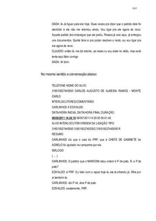 2837




       DADA: tá Já liguei para ele hoje. Duas vezes pra dizer que o pedido dele foi
       atendido e ele não me retomou ainda. Vou ligar pra ele agora de novo.
       Aquele pedido dos empregos que ele pediu. Pessoa já veio aqui, já entregou
       uns documentos. Quinta feira é pra poder resolver o resto, eu vou ligar pra
       ele agora de novo.
       CLAUDIO: então tá, me dá retomo, as vezes cu vou estar no rádio, mas você
       tenta aqui falar comigo
       DADA: tA bom.


No mesmo sentido a conversação abaixo:


       TELEFONE NOME DO ALVO
       316010027445095 CARLOS AUGUSTO DE ALMElDA RAMOS - MONTE
       CARLO
       INTERLOCUTORES/COMENTÁRIO
       CARLINHOS X EDIVALDO
       DATA/HORA INICIAL DATA/HORA FINAL DURAÇÃO
       06/05/2011 14:24:10 06/051201114:25:55 00:01:45
       ALVO INTERLOCUTOR ORIGEM DA LIGAÇÃO TIPO
       316010027445095 316010027450302 316010027445095 R
       RESUMO
       CARLINHOS diz que o cara do PRP, que é CHEFE DE GABINETE de
       AGNELO foi ajudado na campanha por ele.
       DIÁLOGO
       ( ... )
       CARLINHOS: O partido que o MARCONI ralou ontem é P de pato, R, e P de
       pato?
       EDIVALDO: é PRP. Eu falei com o rapaz hoje lá, ele ta olhando já. Olha por
       ai também ta.
       CARLINHOS: dói P né, dois P de pato.
       EDIVALDO: exatamente, PRP.
 