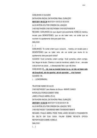 2868




CARLINHOS X CLAUDIO
DATA/HORA INICIAL DATA/HORA FINAL DURAÇÃO
06/07/2011 09:52:28 06/07/2011 09:53:23 00:00:55
ALVO INTERLOCUTOR ORIGEM DA LIGAÇÃO
316010027445095 316010027459804 316010027445095 R
RESUMO: CARLINHOS diz que alguém (provavelmente AGNELO) mandou
recado para DEMOSTENES, que se ele bater nele, vai contar que se
reuniram no apartamento dele para pedir obra .
DIÁLOGO
( ... )
CARLINHOS: Te contei ontem que o coisa tá ... mandou um recado para o
DEMÓSTENES que se bater nele, ele vai contar que reuniu lá no
apartamento dele para pedir obras?
CLÁUDIO: Você comentou ontem comigo. Você comentou ontem comigo.
Uai. Negar né doutor. Chamou o cara de mentiroso, safado. Ai vai ... ele sabe
colocar bem as coisas ... o desesperado fala o que não deve.
CARLINHOS: É ... Ué, mas eu mandei tomar no cu, só não vai bater nele
até (Inaudivel), até ele apanhar, até ele aprender ... virar homem.
CLÁUDIO: Ok.
( ... ) (ENCERRADA).


TELEFONE NOME DO ALVO
316010027450207 Jairo Martins de Souza - MONTE CARLO
INTERLOCUTORES/COMENT ÁRIO
JAIRO X PAULO ABREU (PLX)
DATA/HORA INICIAL DATA/HORA FINAL DURAÇÃO
29/07/2011 12:02:50 29/07/201112:04:26 00:01:36
ALVO INTERLOCUTOR ORIGEM DA LIGAÇÃO TIPO
316010027450207 724009040018869 724009040018869 R
RESUMO: PAULO ABREU PEDE PARA JAIRO DEIXAR O PAGAMENTO
DA DELTA EM SUA CASA. FALAM SOBRE REVISTA EPOCA
REPORTAGEM SOBRE AGNELO.
DIÁLOGO
( ... )
 