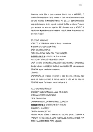 2886




determinar nada. Mas o que eu estava falando com o MARCELO, O
MARCELÃO disse assim: DADÁ olha só, os caras não estão dizendo que vai
sair uma denúncia do Ministério Público. Por que. Ai o SENADOR espera
esta denúncia sair e aí sim, ele está no direito de falar na tribuna. Porque o
que acontece ele tem um papel do MP afirmando que o AGNELO é
vagabundo. Hoje só tem dossiê, dossiê do FRAGA, dossiê do SOMBRA, não
tem nada no papel.


TELEFONE 1623370420
NOME DO ALVO Idalberto Matias de Araujo - Monte Carla
INTERLOCUTORES/COMENTÁRIO
DADA X MARCELÃO (PLX)
DATNHORA INICIAL DATNHORA FINAL DURAÇÃO
01/02/2012 14:17:58 01/02/201214:18:44 00:00:46
1623370420 - 316010027448033 1623370420 R
DADÁ conversa com MARCELÃO que convenceu CLAUDIO e CARLINHOS
de não baterem no AGNELO. DADA diz que CARLINHOS vai pra casa do
SENADOR agora, para tentar convence-lo.
DIÁLOGO
DADACHICÃO, já consegui convencer os dois de parar, entendeu. ligar
agora, os caras empinaram a carroça. Agora, o outro vai pra casa do
SENADOR agora. Ele topando, ele vai me ligar de lá.


TELEFONE NOME DO ALVO
6192800078 Idalberto Matias de Araujo - Monte Carlo
INTERLOCUTORES/COMENTÁRIO
DADA X MARCELÃO
DATA/HORA INICIAL DATNHORA FINAL DURAÇÃO
02/02/2012 18:42:43 02/02/201218:48:01 00:05:18
6192800078 - 6184152207
ORIGEM DA LIGAÇÃO TIPO
Resumo: FALAM SOBRE A QUEDA DE ONOFRE (PCDF). AMANHA A
PASTORA VAI NO AGNELO . JOÃO RODRIGUES. MARCELÃO PEDE PRA
DADA FALAR COM TOMÉ PARA AGILIZAR.
 