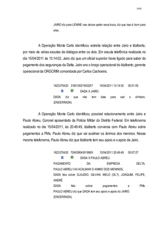2959




                     JAIRO diz para LENINE nao deixar peder essa boca, diz que isso é bom para
                     eles.



           A Operação Monte Carlo identificou estreita relação entre Jairo e Idalberto,
por meio de várias escutas de diálogos entre os dois. Em escuta telefônica realizada no
dia 15/04/2011 às 13:14:02, Jairo diz que um oficial superior havia ligado para saber do
pagamento dos seguranças da Delta. Jairo era o braço operacional do Idalberto, gerente
operacional da ORGCRIM comandada por Carlos Cachoeira.


                     1623370420 316010027450207            15/04/2011 13:14:02     00:01:05
                                            DADA X JAIRO
                     DADA     diz     que    não     tem   data    para     sair   o    dinheiro.
                     (ENCERRADA)


           A Operação Monte Carlo identificou possível relacionamento entre Jairo e
Paulo Abreu, Coronel aposentado da Polícia Militar do Distrito Federal. Em telefonema
realizado no dia 15/04/2011, às 20:49:49, Idalberto conversa com Paulo Abreu sobre
pagamentos a PMs. Paulo Abreu diz que vai acalmar os ânimos dos meninos. Nesse
mesmo telefonema, Paulo Abreu diz que Idalberto tem seu apoio e o apoio de Jairo.


                     1623370420 724009040018869            15/04/2011 20:49:49     00:07:27
                                            DADA X PAULO ABREU
                     PAGAMENTO                  DA                EMPRESA                DELTA.
                     PAULO ABREU VAI ACALMAR O ANIMO DOS MENINOS,
                     DADA fala sobre CLAUDIO, GILVAN, MELO (DL?), JOAQUIM, FELIPE,
                     ANDRÉ
                     DADA           fala       sobre         pagamentos            a          PMs.
                     PAULO ABREU diz que DADA tem seu apoio e apoio do JAIRO.
                     (ENCERRADA)
 