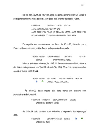 2961




           No dia 28/07/2011, às 12:34:31, Jairo liga para a Emergência/SGT Marçal e
pede para falar com a mesa do norte. Jairo pede para levantar a placa do Fusion.

                      6199776398         28/07/2011 12:34:31   00:03:09
                      JAIRO X EMERGENCIA / SGT MARÇAL
                      JAIRO PEDE PRA FALAR NA MESA DA NORTE. JAIRO PEDE PRA
                      LEVANTAR PLACA DO FUSION. ANA CRISTINA TAKIS ATTA.



           Em seguida, em uma conversa com Bruno às 13:11:20, Jairo diz que o
Fusion está com mandado judicial. Bruno pede para não fazer nada.


                      316010027450207    724009010825824       28/07/2011         13:11:20
                           00:01:28             JAIRO X BRUNO (FEIRA)
           Minutos após essa conversa, às 13:42:11, Jairo conversa com Paulo Abreu e
diz: “oito e meio para cada um. Total 17 mil reais.” Às 16:00:06 os dois conversam sobre
contato e vistoria no DETRAN.


                      316010027450207    55-114-1603    28/07/2011 13:42:11   00:01:29
                                         JAIRO X PAULO ABREU PLX



             Às 17:19:09 desse mesmo dia, Jairo marca um encontro com
provavelmente Editora Abril.

                      6199776398 6199827631     28/07/2011 17:19:09   00:00:59
                           JAIRO X HNI (EDITORA ABRIL)



           Às 21:04:09, Jairo conversa com HNI sobre o pagamento dos seguranças
(PM).
                      6199776398         28/07/2011 21:04:09   00:00:55
                           JAIRO X HNI (PLX)
 