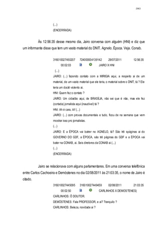 2963




                    (...)
                    (ENCERRADA)


          Às 12:56:35 desse mesmo dia, Jairo conversa com alguém (HNI) e diz que
um informante disse que tem um vasto material do DNIT. Agnelo. Época. Veja. Conab.


                    316010027450207           724000004139142      29/07/2011            12:56:35
                             00:02:03                        JAIRO X HNI
                    D(...)
                    JAIRO: (...) fazendo contato com a MIRIGIA aqui, a respeito ai de um
                    material, de um vasto material que ele teria, o material sobre o DNIT, tá ? Ele
                    teria um dociê violento ai.
                    HNI: Quem fez o contato ?
                    JAIRO: Um cidadão aqui, de BRASÍLIA, não sei que é não, mas ele fez
                    (cortada) jornalista aqui (inaudível) tá ?
                    HNI: Ah é cara, iiii! (...)
                    JAIRO: (...) com provas documentais e tudo, ficou de na semana que vem
                    mostrar isso pro jornalistas.
                    (...)
                    JAIRO: E a ÉPOCA vai batrer no AGNELO, tá? São trê spáginas ai do
                    GOVERNO DO GDF, a ÉPOCA, são trê páginas do GDF e a ÉPOCA vai
                    bater na CONAB, ai. Seis diretores da CONAB ai (...)
                    (...)
                    (ENCERRADA)


          Jairo se relacionava com alguns parlamentares. Em uma conversa telefônica
entre Carlos Cachoeira e Demóstenes no dia 02/08/2011 às 21:03:35, o nome de Jairo é
citado.
                    316010027445095           316010027449459      02/08/2011            21:03:35
                             00:02:50                        CARLINHOS X DEMOSTENES(
                    CARLINHOS: Ô DOUTOR.
                    DEMÓSTENES: Fala PROFESSOR, e ai? Tranquilo ?
                    CARLINHOS: Beleza, novidade ai ?
 