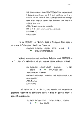 2965




                     MNI: Tudo bem garças a Deus. (INCOMPREENSÍVEL) me enviou um e-mail.
                     É diz que o senhor ligou pra ele. É, ele pediu pra informar que ele ta de
                     férias. Ele tirou uma semana de férias. É, pediu pra verificar se o senhor que
                     deixar recado comigo ou o senhor pode ta enviando e-mail. Que ele ta
                     abrindo la aonde ele ta.
                     JAIRO: Não, pode esperar. Não precisa não.
                     MNI: Ta ok! Na próxima semana ele já vai, ele ta de volta.
                     (DESPEDEM-SE)
                     (ENCERRADA)



          No dia 09/08/2011 às 12:57:21, Dadá e Protógenes falam sobre o
depoimento de Dadá e Jairo no inquérito de Protógenes.
                     6192800078 6198426588         09/08/2011 12:57:21      00:00:44
                                    DADA X HNI (PROTOGENES)



          Voltando ao relacionamento com Carlos Cachoeira, no dia 11/08/2011 às
14:13:22, Carlos Cachoeira chama Jairo para encontrar com ele em frente a um hotel.


                     316010027445095        316010027450207         11/08/2011           14:13:22
                             00:00:21                       CARLINHOS X JAIRO(
                     JAIRO: Fala doutor. Tá cortando.
                     CARLINHOS: Vem aqui pro... em frente o... esse hotel nosso aqui. O... em
                     frente o FUXION(?).
                     JAIRO: Tá beleza.
                     (ENCERRADA)


             No mesmo dia 11/8, às 18:42:23, Jairo conversa com Idalberto sobre
pagamento; depoimento na corregedoria; escala de bicos dos policiais militares e
possível falso testemunho.

                     1623370420 316010027450207             11/08/2011 18:42:23     00:03:13
                                            DADA X JAIRO
 