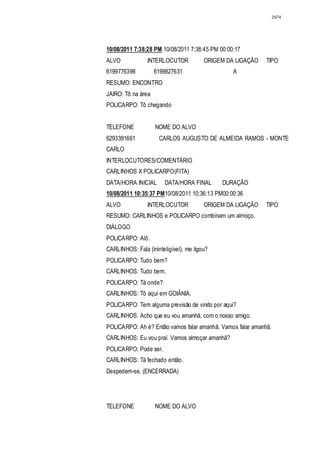 2974




10/08/2011 7:38:28 PM 10/08/2011 7:38:45 PM 00:00:17
ALVO             INTERLOCUTOR           ORIGEM DA LIGAÇÃO   TIPO
6199776398          6199827631                   A
RESUMO: ENCONTRO
JAIRO: Tô na área
POLICARPO: Tô chegando


TELEFONE            NOME DO ALVO
6293391661           CARLOS AUGUSTO DE ALMEIDA RAMOS - MONTE
CARLO
INTERLOCUTORES/COMENTÁRIO
CARLINHOS X POLICARPO(FITA)
DATA/HORA INICIAL       DATA/HORA FINAL      DURAÇÃO
10/08/2011 10:35:37 PM10/08/2011 10:36:13 PM00:00:36
ALVO             INTERLOCUTOR           ORIGEM DA LIGAÇÃO   TIPO
RESUMO: CARLINHOS e POLICARPO combinam um almoço.
DIÁLOGO
POLICARPO: Alô.
CARLINHOS: Fala (ininteligível), me ligou?
POLICARPO: Tudo bem?
CARLINHOS: Tudo bem.
POLICARPO: Tá onde?
CARLINHOS: Tô aqui em GOIÂNIA.
POLICARPO: Tem alguma previsão de vindo por aqui?
CARLINHOS: Acho que eu vou amanhã, com o nosso amigo.
POLICARPO: Ah é? Então vamos falar amanhã. Vamos falar amanhã.
CARLINHOS: Eu vou praí. Vamos almoçar amanhã?
POLICARPO: Pode ser.
CARLINHOS: Tá fechado então.
Despedem-se. (ENCERRADA)




TELEFONE            NOME DO ALVO
 