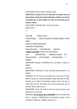 2977




PAULO ABREU: Estou no Guará. Você pode vir aqui?
JAIRO: Posso, só porque eu não vim direto para aí da Delta, como não
pude resolver a parada que eu fiquei esperando o André eu vim resolver
uma parada aqui no setor hoteleiro sul. Aqui uns 40 minutos mais ou
menos eu resolvo.
PAULO ABREU: Combinado, então. Você me dá um toque
JAIRO: É QI 31?
(...)


TELEFONE            NOME DO ALVO
316010027445095       CARLOS AUGUSTO DE ALMEIDA RAMOS - MONTE
CARLO
INTERLOCUTORES/COMENTÁRIO
CARLINHOS X DEMOSTENES
DATA/HORA INICIAL      DATA/HORA FINAL        DURAÇÃO
11/08/2011 8:58:22 AM 11/08/2011 8:59:13 AM 00:00:51
ALVO              INTERLOCUTOR         ORIGEM DA LIGAÇÃO       TIPO
316010027445095       316010027449459      316010027449459       R
RESUMO
DEMOSTENES pergunta se CARLINHOS deu uma olhada no negócio do
ÁUREO.
DIÁLOGO
DEMOSTENES: Fala professor. Cê deu uma olhada naquele negócio do... do
ÀUREO?
CARLINHOS: Ah, dei. Não tem nada daquilo não. O cara levou um susto.
Depois eu tenho que te contar pessoalmente. Rapaz quase caiu de costas.
Que falei que um repórter da Veja tinha me ligado. Falar que ele tinha. O
homem ficou até mudo. Mas depois veio com uma conversa que não tem
nada não. Não tem mesmo não, viu.
DEMOSTENES: Pronto. OK. Então foi bom. Isso foi bom demais. (risos)
Então tá bom. Cê vêm hoje?
CARLINHOS: Eu vou almoçar com o POLICARPO. Deixa eu te falar. Outra
coisa é o seguinte. O EDIVALDO tava lá (ininteligível) da gente ali, tava
almoçando o ÁUREO, ele, o NAZIR e aquela juíza, viu.
 