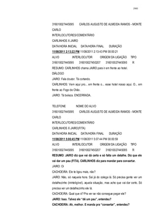 2980




316010027445095        CARLOS AUGUSTO DE ALMEIDA RAMOS - MONTE
CARLO
INTERLOCUTORES/COMENTÁRIO
CARLINHOS X JAIRO
DATA/HORA INICIAL         DATA/HORA FINAL       DURAÇÃO
11/08/2011 2:13:22 PM 11/08/2011 2:13:43 PM 00:00:21
ALVO             INTERLOCUTOR            ORIGEM DA LIGAÇÃO         TIPO
316010027445095        316010027450207       316010027445095        R
RESUMO: CARLINHOS chama JAIRO para ir em frente ao hotel.
DIÁLOGO
JAIRO: Fala doutor. Tá cortando.
CARLINHOS: Vem aqui pro... em frente o... esse hotel nosso aqui. O... em
frente ao Fogo de Chão.
JAIRO: Tá beleza. ENCERRADA.


TELEFONE            NOME DO ALVO
316010027445095        CARLOS AUGUSTO DE ALMEIDA RAMOS - MONTE
CARLO
INTERLOCUTORES/COMENTÁRIO
CARLINHOS X JAIRO(FITA)
DATA/HORA INICIAL         DATA/HORA FINAL       DURAÇÃO
11/08/2011 5:06:45 PM 11/08/2011 5:07:44 PM 00:00:59
ALVO             INTERLOCUTOR            ORIGEM DA LIGAÇÃO         TIPO
316010027445095        316010027450207       316010027445095        R
RESUMO: JAIRO diz que vai dá certo e só falta um detalhe. Diz que ele
vai dar um pau (FITA). CARLINHOS diz para mandar para consertar.
JAIRO: Oi
CACHOEIRA: Ele te ligou mais, não?
JAIRO: Não, só naquela hora. Saí já do colega lá. Só precisa gente ver um
detalhezinho (ininteligível), aquela situação, mas acho que vai dar certo. Só
precisa ver um detalhezinho ele lá.
CACHOEIRA: Qual que é? Pra ver se não consegue pegar ele?
JAIRO: Isso. Talvez ele “dê um pau”, entendeu?
CACHOEIRA: Ah, melhor. E manda pra “consertar”, entendeu?
 