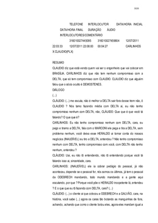 3026




               TELEFONE         INTERLOCUTOR         DATA/HORA INICIAL
        DATA/HORA FINAL         DURAÇÃO      ÁUDIO
        INTERLOCUTORES/COMENTÁRIO
               316010027445095        316010027459804       12/07/2011
22:03:33       12/07/2011 22:08:00    00:04:27              CARLINHOS
X CLAUDIO(PLX)


RESUMO
CLAUDIO diz que está vendo quem vai ser o engenheiro que vai colocar em
BRASÍLIA. CARLINHOS diz que não tem nenhum compromisso com a
DELTA, que só tem compromisso com CLAUDIO. CLAUDIO diz que alguém
falou que o sócio oculto é DEMOSTENES.
DIÁLOGO
(...)
CLÁUDIO: (...) me escuta, não é melhor a DELTA sair fora desse trem não, ô
CLAUDIO ? Nós tamo fazendo média com DELTA ai, eu não tenho
compromisso nenhum com DELTA, não, CLÁUIDO: Que que é que você tá
falando? O que que é?
CARLINHOS: Eu não tenho compromisso nenhum com DELTA, cara, eu
pego e tiramo a DELTA, fala com o MARCONI ele pega e tira a DELTA, sem
problema nenhum, você deixa esse HERALDO ai tomar conta do nossos
negócios (INAUDÍVEL) eu tiro a DELTA, entendeu ? Não tenho compromisso
nenhum com DELTA, tenho compromisso com você, com DELTA não tenho
nenhum, entendeu ?
CLÁUDIO: Uai, eu não tô entendendo, não tô entendendo porque você tá
falando isso ai, sinceridade, cara.
CARLINHOS: (INAUDÍVEL) ele ia cobrar pedágio do pessoal, já não
aconteceu, depende se o pessoal for, nós somos os últimos, já tem o pessoal
da ODEBRECH mandando, todo mundo mandando e a gente aqui
escutando, por que ? Porque você põe o HERALDO incopetente lá, entendeu
? E o que que eu tô fazendo com DELTA, cara? (...)
CLÁUDIO: (...) o cliente ai que colocou a ODEBRECH e a GALVÃO, cara, na
história, você sabe (...) agora os caras tão botando as manguinhas de fora,
achando, achando que como o cliente botou eles, agora eles mandam igual a
 