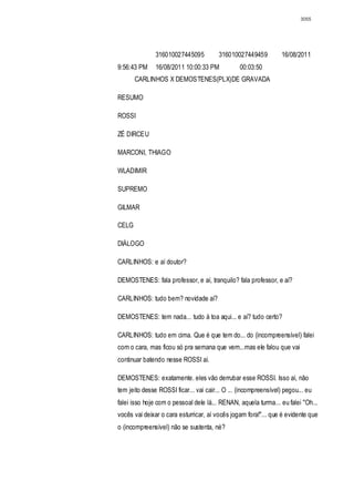 3055




               316010027445095          316010027449459          16/08/2011
9:56:43 PM     16/08/2011 10:00:33 PM            00:03:50
       CARLINHOS X DEMOSTENES(PLX)DE GRAVADA

RESUMO

ROSSI

ZÉ DIRCEU

MARCONI, THIAGO

WLADIMIR

SUPREMO

GILMAR

CELG

DIÁLOGO

CARLINHOS: e aí doutor?

DEMOSTENES: fala professor, e aí, tranquilo? fala professor, e aí?

CARLINHOS: tudo bem? novidade aí?

DEMOSTENES: tem nada... tudo à toa aqui... e aí? tudo certo?

CARLINHOS: tudo em cima. Que é que tem do... do (incompreensível) falei
com o cara, mas ficou só pra semana que vem...mas ele falou que vai
continuar batendo nesse ROSSI aí.

DEMOSTENES: exatamente. eles vão derrubar esse ROSSI. Isso aí, não
tem jeito desse ROSSI ficar... vai cair... O ... (incompreensível) pegou... eu
falei isso hoje com o pessoal dele lá... RENAN, aquela turma... eu falei "Oh...
vocês vai deixar o cara esturricar, aí vocês jogam fora!"... que é evidente que
o (incompreensível) não se sustenta, né?
 