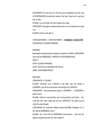 2556




CARLINHOS: faz isso pra nós. Faz isso que é excelente, que ele, que
o GOVERNADOR já autorizou mesmo. Faz isso. Quero ver o que que
ele vai falar.
ELIANE: vou conversar com ele e depois eu te ligo.
CARLINHOS: liga agora, porque já bate isso aí e já manda para a casa
civil.
ELIANE: ta bom, já te ligo aí.


316010027445095 – 316010027448815 - 14/02/2012 12:42:28 PM -
CARLINHOS X ELIANE PINHEIRO.


RESUMO
Nomeação de passoas para cargos no estado de GOIAS, CARLINHOS
pela irmã de ANDRESSA, VANESSA ALVES MENDONÇA.
MCPX1
EGPX: ELIANE PINHEIRO.
ECPX: EDIVALDO CARDOSO DE PAULA
ABSX: ALEXANDRE BALDY


DIÁLOGO
CARLINHOS: oi, ELIANE.
ELIANE: conversei com o BALDY e ele falou que vai manter o
LEANDRO, que ele tá procurando uma solução pro VIRGÍLIO.
CARLINHOS: (incompreensível) deixa o LEANDRO... o LEANDRO é
gente nosso.
ELIANE: então tá, mas ele falou que tá procurando uma forma... "uai,
você não tem outro cargo pra dar pro VIRGÍLIO?" Ele disse que tá
vendo lá uma solução.
CARLINHOS: ah, excelente. Beleza, doutora ELIANE. Obrigado, viu. E
da irmã da ANDRESSA, hein?
ELIANE: uai, o da irmã da ANDRESSA você passou... você não me
passou naquela lista pra mim não, passou?
 