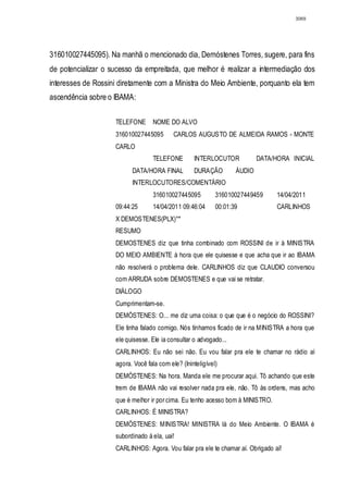 3069




316010027445095). Na manhã o mencionado dia, Demóstenes Torres, sugere, para fins
de potencializar o sucesso da empreitada, que melhor é realizar a intermediação dos
interesses de Rossini diretamente com a Ministra do Meio Ambiente, porquanto ela tem
ascendência sobre o IBAMA:

                    TELEFONE       NOME DO ALVO
                    316010027445095        CARLOS AUGUSTO DE ALMEIDA RAMOS - MONTE
                    CARLO
                                   TELEFONE        INTERLOCUTOR            DATA/HORA INICIAL
                          DATA/HORA FINAL          DURAÇÃO         ÁUDIO
                          INTERLOCUTORES/COMENTÁRIO
                                   316010027445095          316010027449459      14/04/2011
                    09:44:25       14/04/2011 09:46:04      00:01:39             CARLINHOS
                    X DEMOSTENES(PLX)°*
                    RESUMO
                    DEMOSTENES diz que tinha combinado com ROSSINI de ir à MINISTRA
                    DO MEIO AMBIENTE à hora que ele quisesse e que acha que ir ao IBAMA
                    não resolverá o problema dele. CARLINHOS diz que CLAUDIO conversou
                    com ARRUDA sobre DEMOSTENES e que vai se retratar.
                    DIÁLOGO
                    Cumprimentam-se.
                    DEMÓSTENES: O... me diz uma coisa: o que que é o negócio do ROSSINI?
                    Ele tinha falado comigo. Nós tínhamos ficado de ir na MINISTRA a hora que
                    ele quisesse. Ele ia consultar o advogado...
                    CARLINHOS: Eu não sei não. Eu vou falar pra ele te chamar no rádio aí
                    agora. Você fala com ele? (Ininteligível)
                    DEMÓSTENES: Na hora. Manda ele me procurar aqui. Tô achando que este
                    trem de IBAMA não vai resolver nada pra ele, não. Tô às ordens, mas acho
                    que é melhor ir por cima. Eu tenho acesso bom à MINISTRO.
                    CARLINHOS: É MINISTRA?
                    DEMÓSTENES: MINISTRA! MINISTRA lá do Meio Ambiente. O IBAMA é
                    subordinado à ela, uai!
                    CARLINHOS: Agora. Vou falar pra ele te chamar aí. Obrigado aí!
 