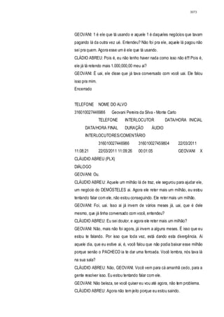 3073




GEOVANI: 1 é ele que tá usando e aquele 1 é daqueles negócios que tavam
pagando lá da outra vez ué. Entendeu? Não foi pra ele, aquele lá pagou não
sei pra quem. Agora esse um é ele que tá usando.
CLÁDIO ABREU: Pois é, eu não tenho haver nada como isso não é!!! Pois é,
ele já tá retendo mais 1.000,000,00 meu ai?
GEOVANI: É uai, ele disse que já tava conversado com você uai. Ele falou
isso pra mim.
Encerrado


TELEFONE        NOME DO ALVO
316010027446986        Geovani Pereira da Silva - Monte Carlo
                TELEFONE      INTERLOCUTOR              DATA/HORA INICIAL
      DATA/HORA FINAL         DURAÇÃO          ÁUDIO
      INTERLOCUTORES/COMENTÁRIO
                316010027446986        316010027459804          22/03/2011
11:08:21        22/03/2011 11:09:26    00:01:05                 GEOVANI      X
CLÁUDIO ABREU (PLX)
DIÁLOGO
GEOVANI: Ou.
CLÁUDIO ABREU: Aquele um milhão lá de traz, ele segurou para ajudar ele,
um negócio do DEMÓSTELES ai. Agora ele reter mais um milhão, eu estou
tentando falar com ele, não estou conseguindo. Ele reter mais um milhão.
GEOVANI: Foi, uai. Isso ai já invem de vários meses já, uai, que é dele
mesmo, que já tinha conversado com você, entendeu?
CLÁUDIO ABREU: Eu sei doutor, e agora ele reter mais um milhão?
GEOVANI: Não, mais não foi agora, já invem a alguns meses. É isso que eu
estou te falando. Por isso que toda vez, está dando esta divergência. Ai
aquele dia, que eu estive ai, é, você falou que não podia baixar esse milhão
porque senão o PACHECO ia te dar uma ferroada. Você lembra, nós tava lá
na sua sala?
CLÁUDIO ABREU: Não, GEOVANI. Você vem para cá amanhã cedo, para a
gente resolver isso. Eu estou tentando falar com ele.
GEOVANI: Não beleza, se você quiser eu vou até agora, não tem problema.
CLÁUDIO ABREU: Agora não tem jeito porque eu estou saindo.
 