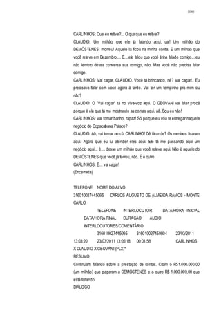 3080




CARLINHOS: Que eu retive?... O que que eu retive?
CLAUDIO: Um milhão que ele tá falando aqui, uai! Um milhão do
DEMÓSTENES: morreu! Aquele lá ficou na minha conta. E um milhão que
você reteve em Dezembro.... É... ele falou que você tinha falado comigo... eu
não lembro dessa conversa sua comigo, não. Mas você não precisa falar
comigo.
CARLINHOS: Vai cagar, CLAUDIO. Você tá brincando, né? Vai cagar!.. Eu
precisava falar com você agora à tarde. Vai ter um tempinho pra mim ou
não?
CLAUDIO: O "Vai cagar" tá no viva-voz aqui. O GEOVANI vai falar procê
porque é ele que tá me mostrando as contas aqui, uê. Sou eu não!
CARLINHOS: Vai tomar banho, rapaz! Só porque eu vou te entregar naquele
negócio do Copacabana Palace?
CLAUDIO: Ah, vai tomar no cú, CARLINHO! Cê tá onde? Os meninos ficaram
aqui. Agora que eu fui atender eles aqui. Ele tá me passando aqui um
negócio aqui... é.... desse um milhão que você reteve aqui. Não é aquele do
DEMÓSTENES que você já torrou, não. É o outro.
CARLINHOS: É... vai cagar!
(Encerrada)


TELEFONE         NOME DO ALVO
316010027445095         CARLOS AUGUSTO DE ALMEIDA RAMOS - MONTE
CARLO
                 TELEFONE      INTERLOCUTOR           DATA/HORA INICIAL
       DATA/HORA FINAL         DURAÇÃO        ÁUDIO
       INTERLOCUTORES/COMENTÁRIO
                 316010027445095       316010027459804        23/03/2011
13:03:20         23/03/2011 13:05:18   00:01:58               CARLINHOS
X CLAUDIO X GEOVANI (PLX)*
RESUMO
Continuam falando sobre a prestação de contas. Citam o R$1.000.000,00
(um milhão) que pagaram a DEMÓSTENES e o outro R$ 1.000.000,00 que
está faltando.
DIÁLOGO
 