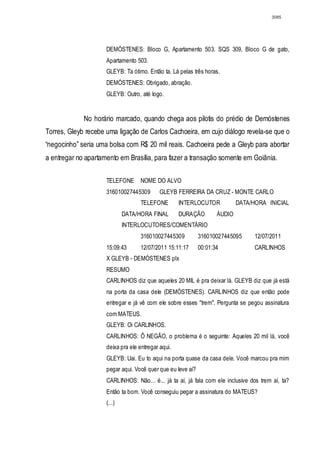 3085




                     DEMÓSTENES: Bloco G, Apartamento 503. SQS 309, Bloco G de gato,
                     Apartamento 503.
                     GLEYB: Ta ótimo. Então ta. Lá pelas três horas.
                     DEMÓSTENES: Obrigado, abração.
                     GLEYB: Outro, até logo.


             No horário marcado, quando chega aos pilotis do prédio de Demóstenes
Torres, Gleyb recebe uma ligação de Carlos Cachoeira, em cujo diálogo revela-se que o
“negocinho” seria uma bolsa com R$ 20 mil reais. Cachoeira pede a Gleyb para abortar
a entregar no apartamento em Brasília, para fazer a transação somente em Goiânia.

                     TELEFONE      NOME DO ALVO
                     316010027445309       GLEYB FERREIRA DA CRUZ - MONTE CARLO
                                   TELEFONE         INTERLOCUTOR            DATA/HORA INICIAL
                             DATA/HORA FINAL        DURAÇÃO         ÁUDIO
                             INTERLOCUTORES/COMENTÁRIO
                                   316010027445309           316010027445095      12/07/2011
                     15:09:43      12/07/2011 15:11:17       00:01:34             CARLINHOS
                     X GLEYB - DEMÓSTENES plx
                     RESUMO
                     CARLINHOS diz que aqueles 20 MIL é pra deixar lá. GLEYB diz que já está
                     na porta da casa dele (DEMÓSTENES). CARLINHOS diz que então pode
                     entregar e já vê com ele sobre esses "trem". Pergunta se pegou assinatura
                     com MATEUS.
                     GLEYB: Oi CARLINHOS.
                     CARLINHOS: Ô NEGÃO, o problema é o seguinte: Aqueles 20 mil lá, você
                     deixa pra ele entregar aqui.
                     GLEYB: Uai. Eu to aqui na porta quase da casa dele. Você marcou pra mim
                     pegar aqui. Você quer que eu leve aí?
                     CARLINHOS: Não... é... já ta aí, já fala com ele inclusive dos trem aí, ta?
                     Então ta bom. Você conseguiu pegar a assinatura do MATEUS?
                     (...)
 