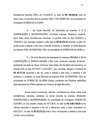 3100




transferência bancária (TED), em 01/04/2010, no valor de R$ 100.000,00 (cem mil
reais), para a Conta Bancária da empresa CIELO TAXI AEREO S/A, de propriedade do
Investigado ATAÍDES DE OLIVEIRA;


                 4. – Da Conta Bancária da titularidade da empresa G & C
CONSTRUÇÕES E INCORPORAÇÕES, conhecida empresa “fantasma”, repita-se,
foram feitas várias transferências bancárias, no período entre os dias 16/02/2011 a
15/02/2012, que, somadas, atingem o valor total de R$ 94.476,18 (noventa e quatro mil,
quatrocentos e setenta e seis reais, e dezoito centavos), e creditado na Conta Bancária
da empresa AVEL AUTOMÓVEIS LTDA, de propriedade de ATAÍDES DE OLIVEIRA; e


                 5. – Da conta Bancária da titularidade da empresa MIRANDA E SILVA
CONSTRUÇÕES E TERRAPLANAGEM LTDA, outra conhecida empresa “fantasma”,
igualmente vinculada ao Grupo Criminoso, foram feitas três transferências bancárias, no
período entre os dias 05/12/2011 a 23/12/2011, que, somadas, atingem o montante de
R$ 48.177,68 (quarenta e oito mil, cento e setenta e sete reais, e sessenta e oito
centavos), e creditado na Conta Bancária da empresa AVEL AUTOMÓVEIS LTDA, de
propriedade de ATAÍDES DE OLIVEIRA (Dados constantes das Planilhas elaboradas
pela Assessoria da CPMI e extraídos do Universo do Sigilo Bancário).


              Nesse mesmo cruzamento, ademais, constataram-se, ainda, outras duas
transferências bancárias creditadas na Conta Corrente da empresa ARAGUAIA
CONSTRUTORA e INCORPORADORA, de propriedade do Investigado ATAÍDES DE
OLIVEIRA: um dos créditos, datado de 18/11/2010, no valor de R$ 5.868.700,00 (cinco
milhões oitocentos e sessenta e oito mil, e setecentos reais), e outro, depositado em
05/01/2011, no valor de R$ 25.372,35 (vinte e cinco mil trezentos e setenta e dois reais
e trinta e cinco centavos).
 