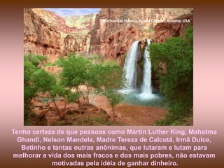 Cachoeiras Havasu, Grand Canyon, Arizona, USA




Tenho certeza de que pessoas como Martin Luther King, Mahatma
  Ghandi, Nelson Mandela, Madre Tereza de Calcutá, Irmã Dulce,
   Betinho e tantas outras anônimas, que lutaram e lutam para
melhorar a vida dos mais fracos e dos mais pobres, não estavam
            motivadas pela idéia de ganhar dinheiro.
 