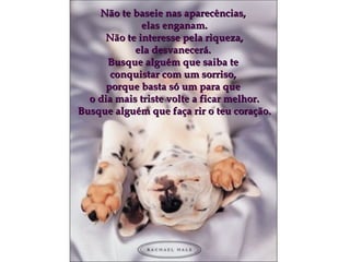 Não te baseie nas aparecências,  elas enganam . Não te interesse pela riqueza, ela desvanecerá.  Busque alguém que saiba te  conquistar com um sorriso,  porque basta só um para que  o dia mais triste volte a ficar melhor. Busque alguém que faça rir o teu coração. 