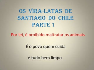 OS VIRA-LATAS DE
   SANTIAGO DO CHILE
       PARTE 1
Por lei, é proibido maltratar os animais

        É o povo quem cuida

         é tudo bem limpo
 