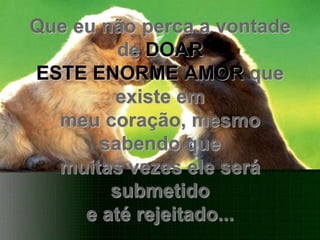 Que eu não perca a vontade
         de DOAR
ESTE ENORME AMOR que
        existe em
  meu coração, mesmo
       sabendo que
  muitas vezes ele será
        submetido
     e até rejeitado...
 