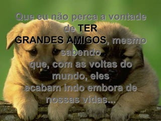 Que eu não perca a vontade
          de TER
GRANDES AMIGOS, mesmo
         sabendo
  que, com as voltas do
       mundo, eles
 acabam indo embora de
      nossas vidas...
 