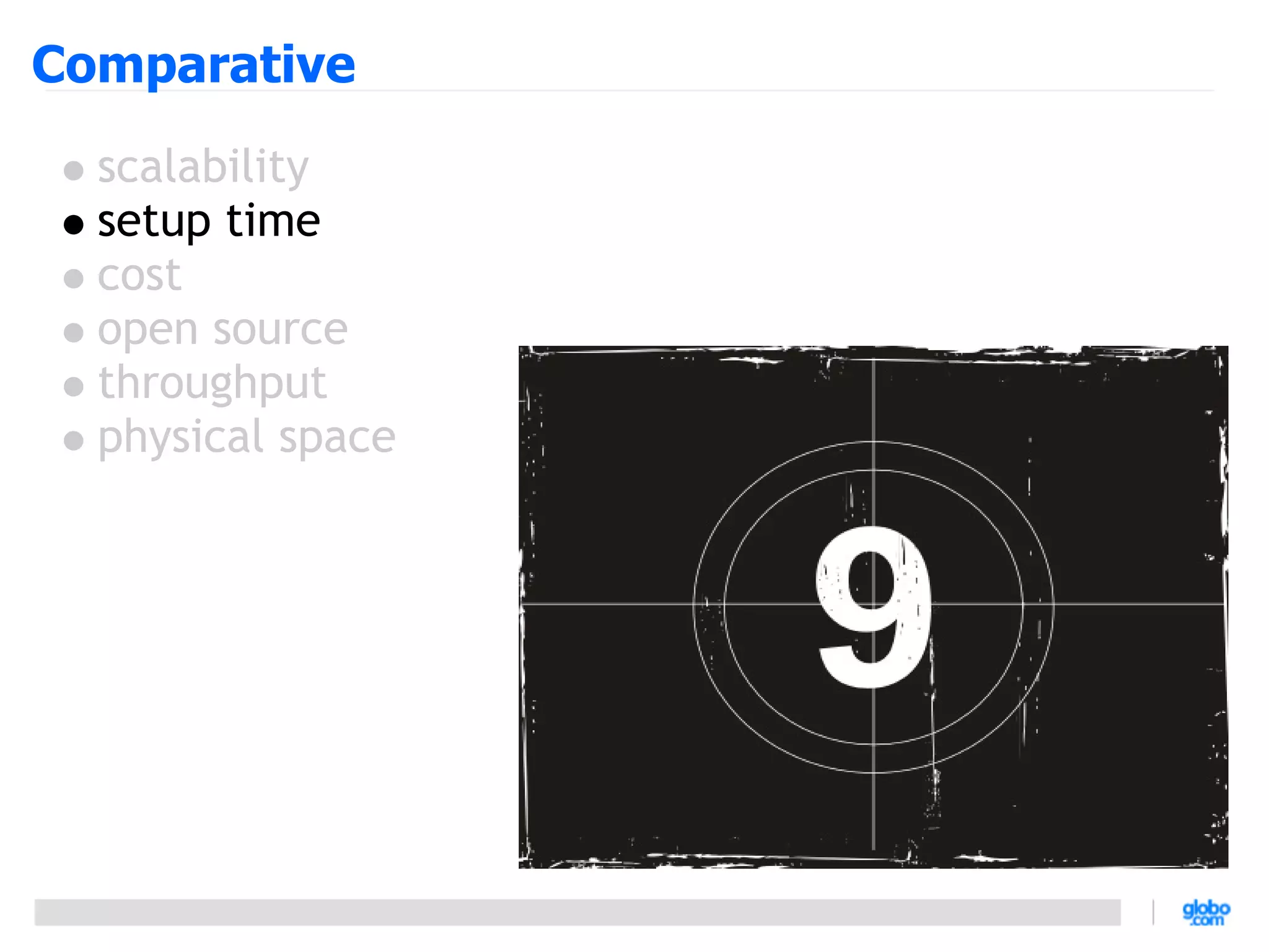 Comparative
  scalability
  setup time
  cost
  open source
  throughput
  physical space
 