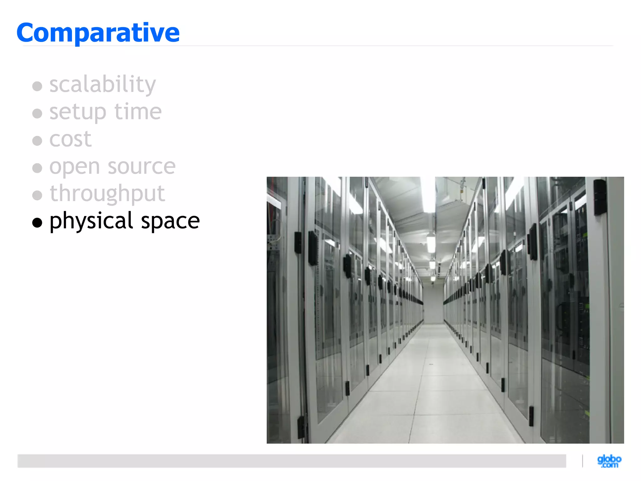 Comparative
  scalability
  setup time
  cost
  open source
  throughput
  physical space
 